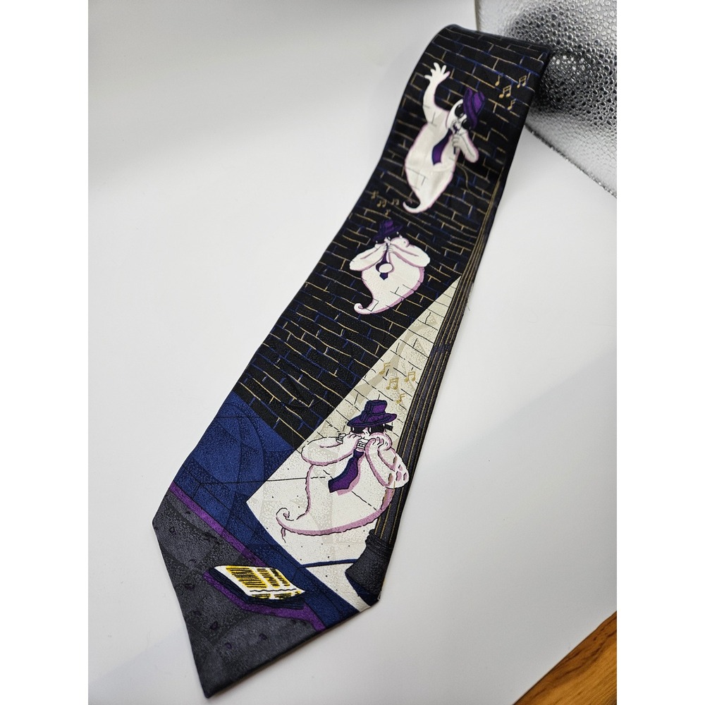 Hallmark Seasonal Concepts Jazz Ghosts Silk Tie Halloween Novelty Music Blue‎